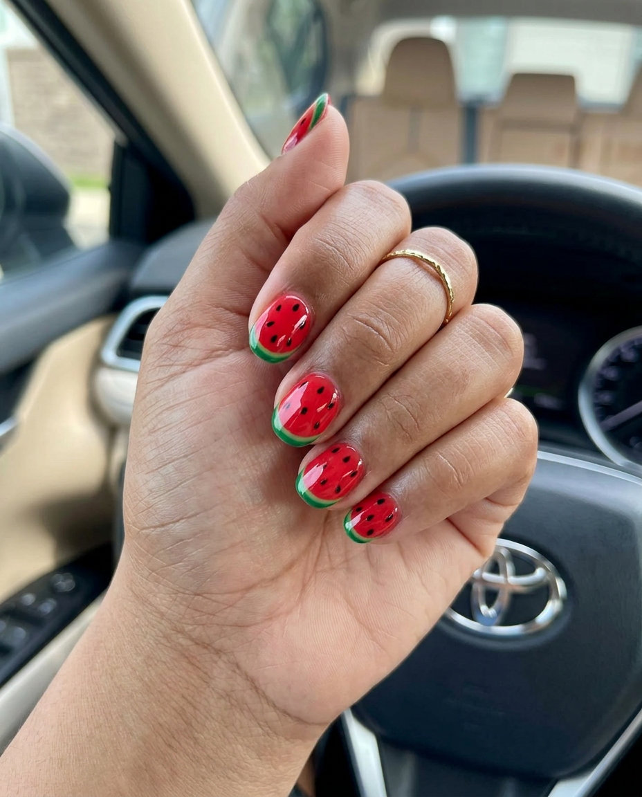 Watermelon slice summer nails 2026: Juicy red, black seeds, green rind on short nails for festivals.