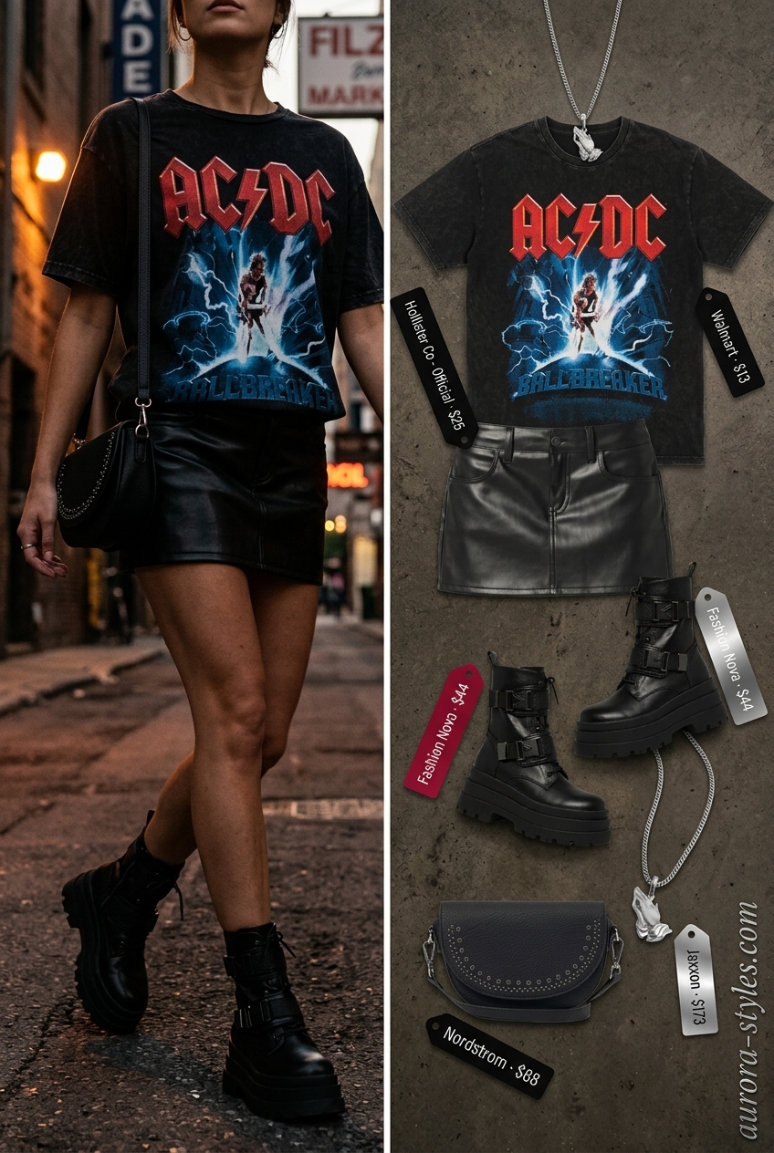 Black faux leather skirt outfit for women 2026, perfect for festivals or edgy nights. Festival ready style.