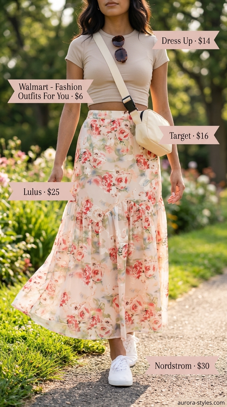 Floral maxi skirt outfit for women 2026, perfect for casual dates or park visits. Weekend wanderer style.