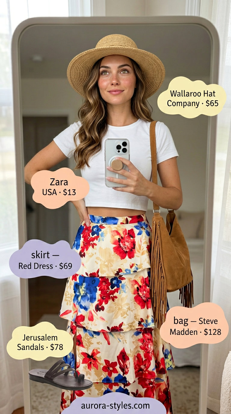 Floral maxi skirt outfit for women 2026, perfect for festivals or boho events. Bohemian rhapsody style.