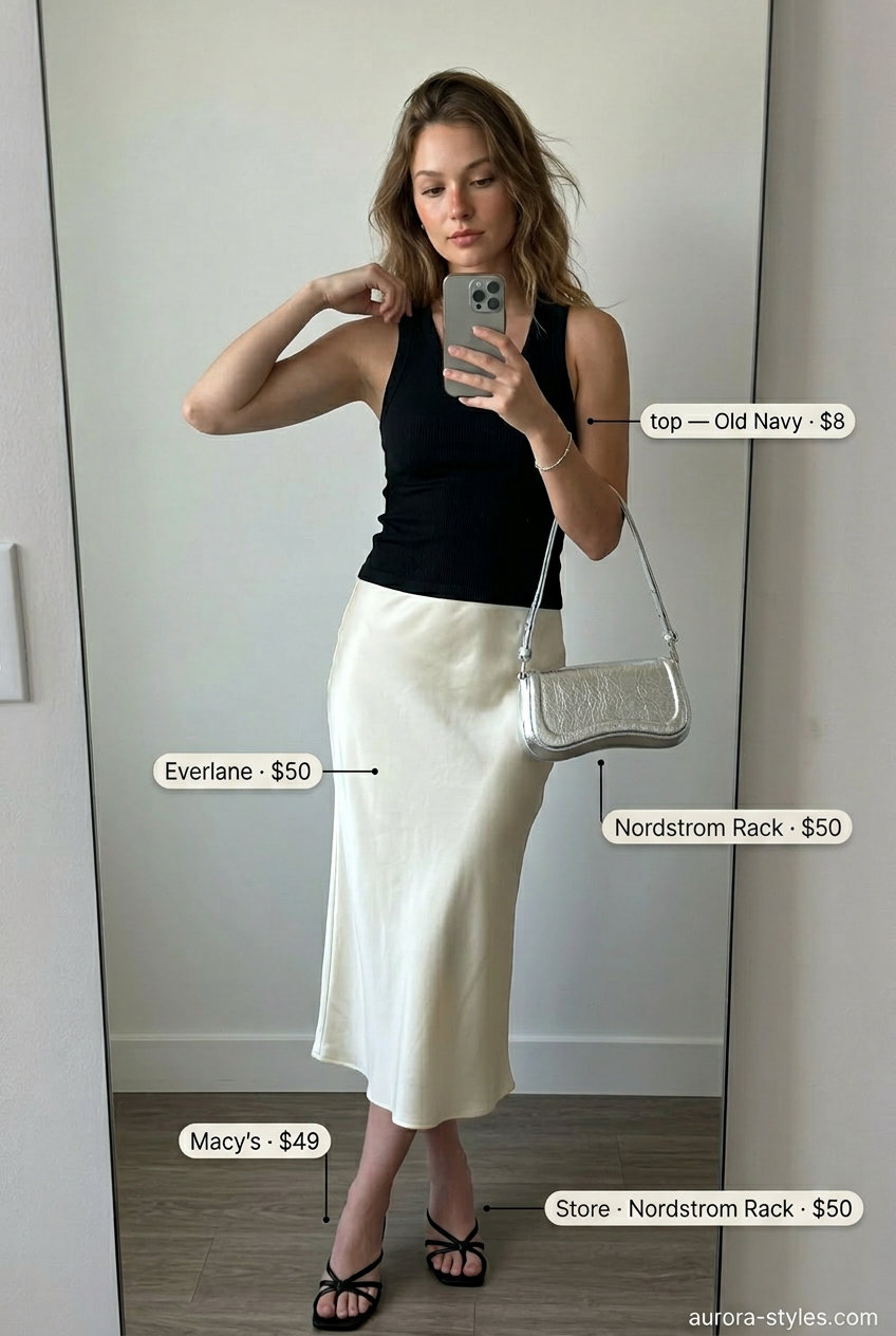Ivory satin skirt outfit for women 2026, perfect for evening outs or date nights. Modern minimalist style.