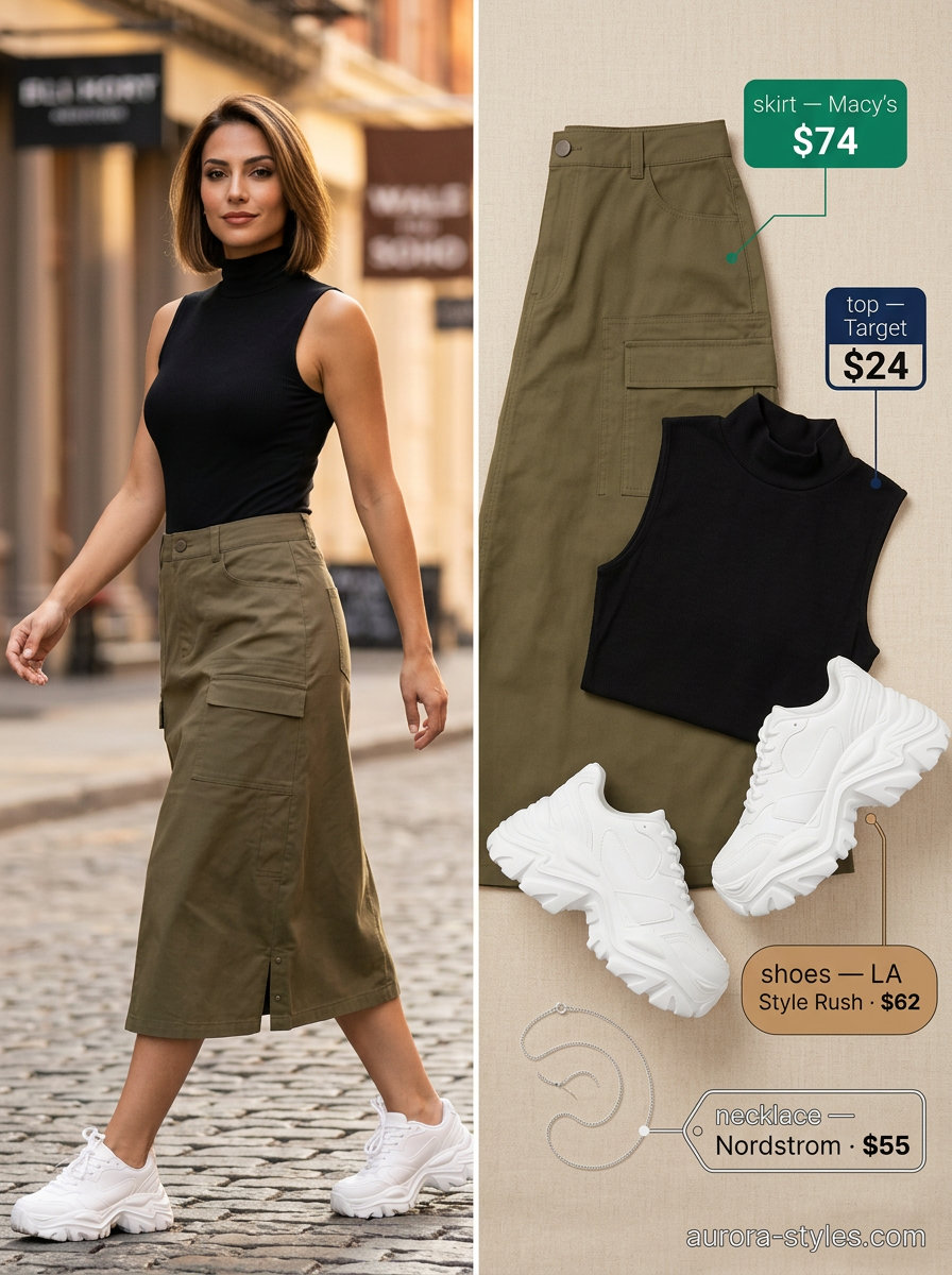 Khaki cargo skirt outfit for women 2026, perfect for urban exploration or city casual. Urban explorer chic.