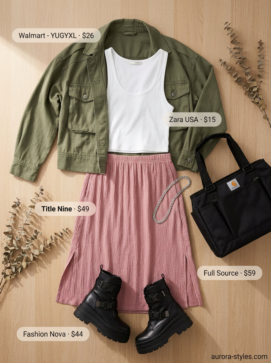 Olive green utility jacket outfit for women 2026, perfect for casual days or errands. Casual utility chic.