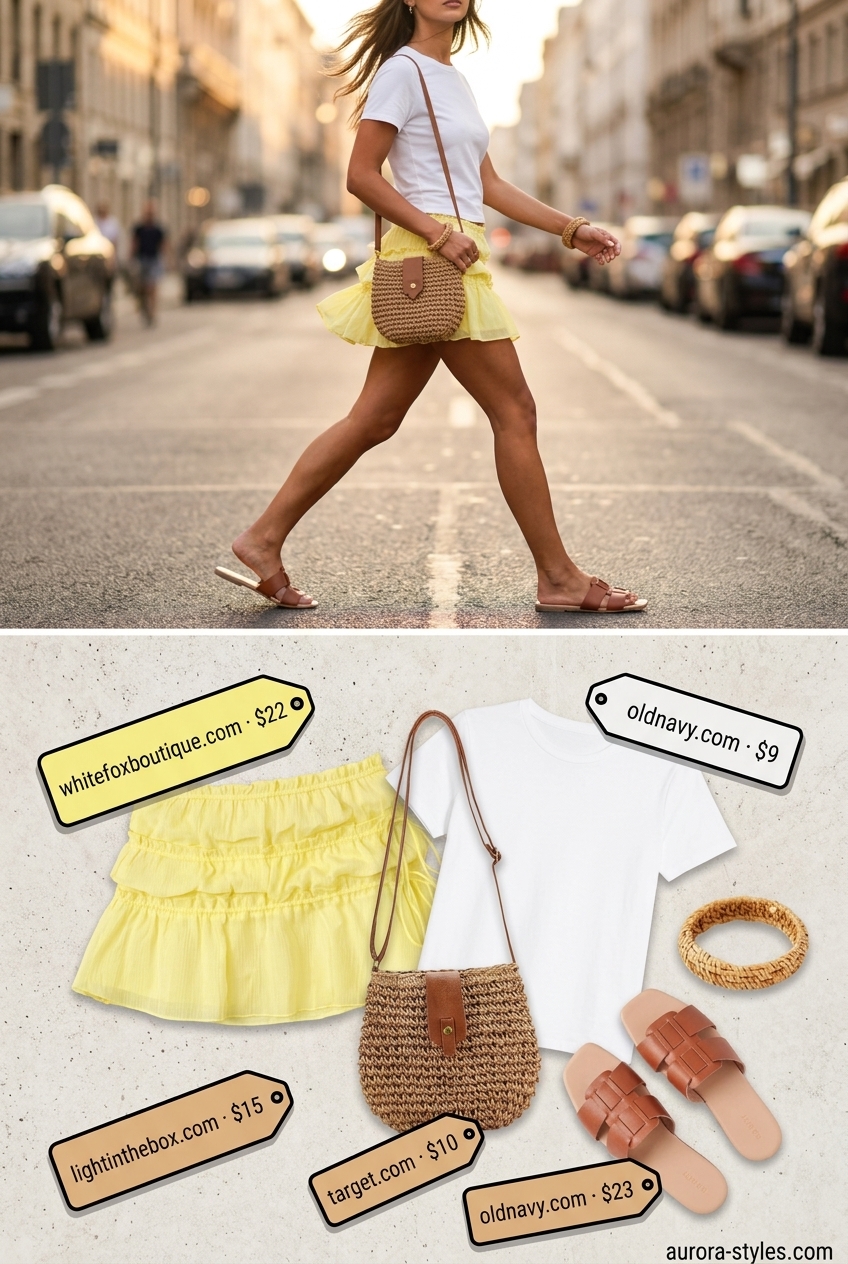 Yellow mini skirt outfit for women 2026, perfect for casual days or picnics. Sunny day casual style.