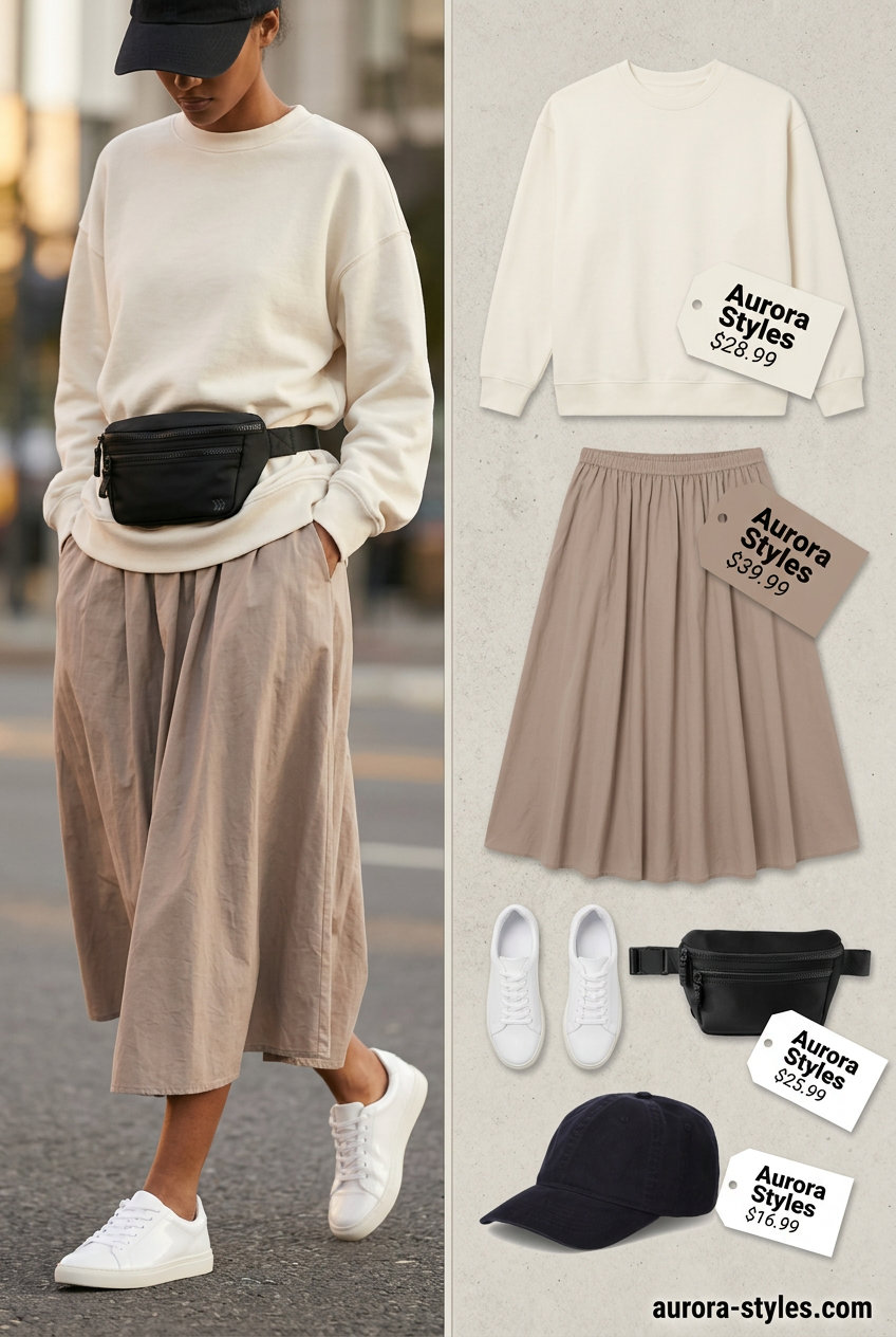 Casual summer crochet skirt outfit with beige sweatshirt, black cap, and white sneakers. Travel and errands style 2026.