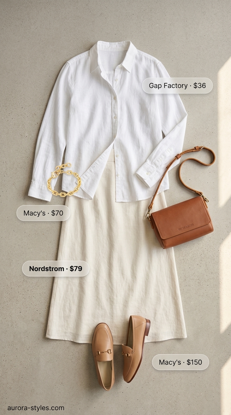 Chic summer crochet skirt outfit with beige linen skirt, cream linen shirt, and loafers. Office casual style 2026.