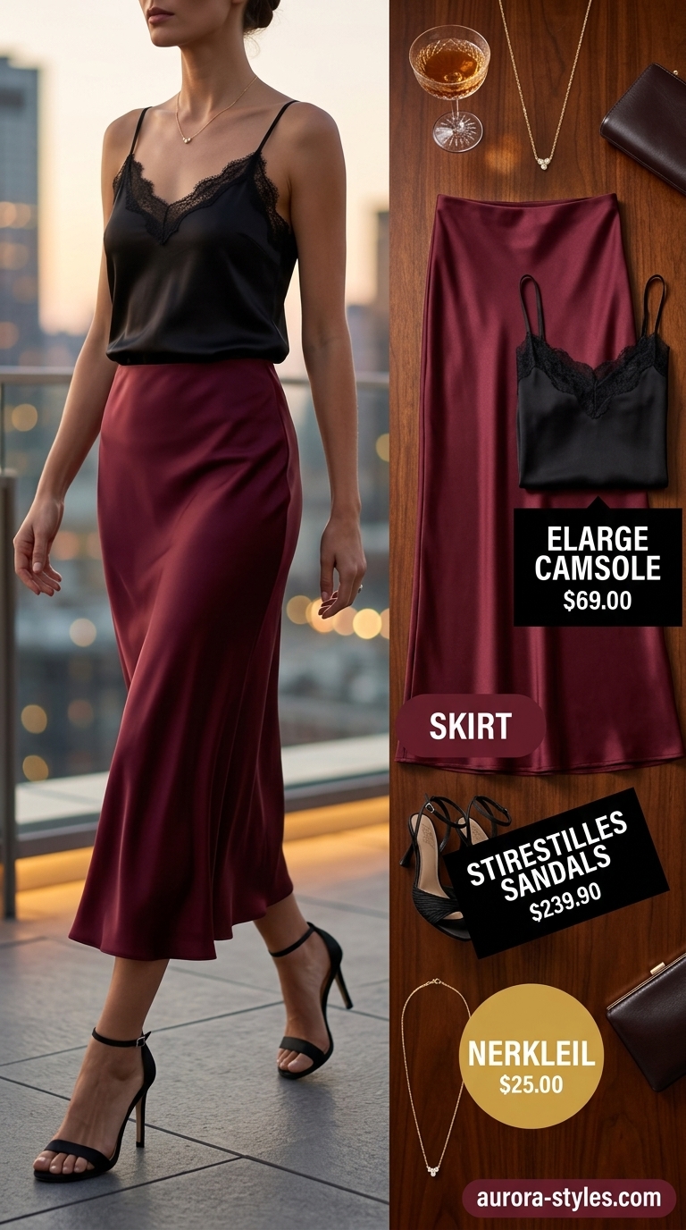 Elegant summer crochet skirt outfit with burgundy slip skirt, black camisole, and gold jewelry. Date night style 2026.