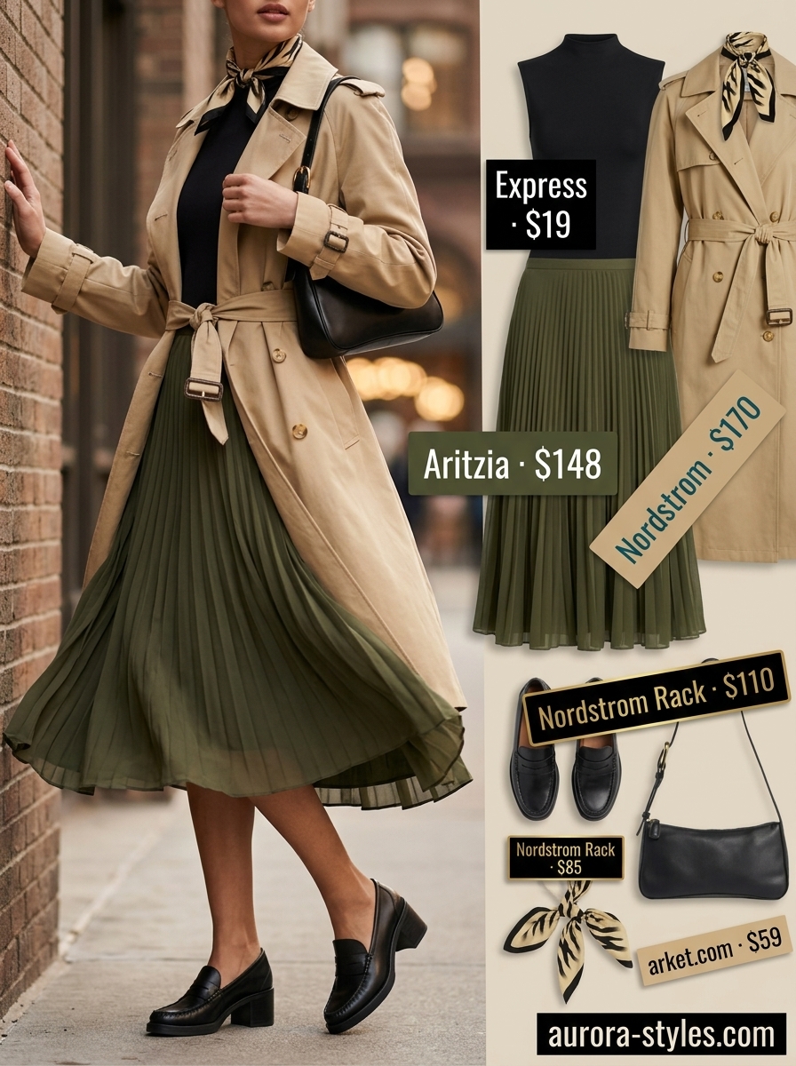 Summer crochet skirt outfits for women 2026: Olive green pleated midi skirt, black bodysuit, loafers, and trench coat for chic city style.