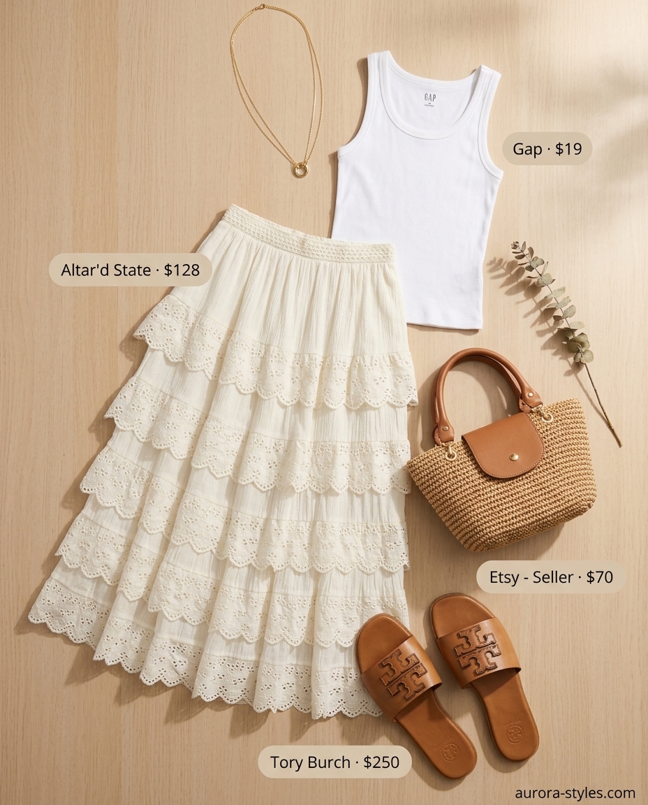 Summer crochet skirt outfits for women 2026: Cream crochet midi skirt, white tank, tan slides, straw tote, and gold necklaces for coastal vibes.