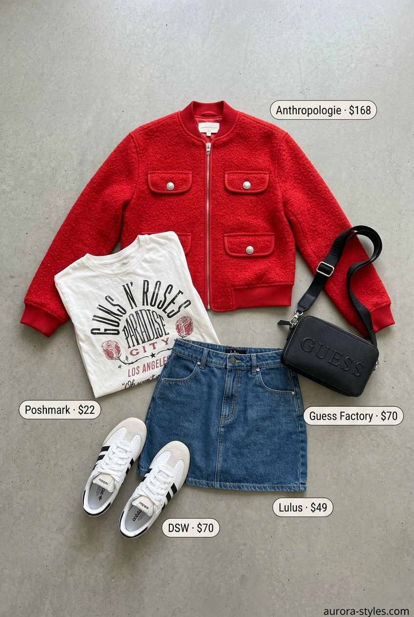 Summer crochet skirt outfits for women 2026: Red bomber jacket, graphic tee, denim mini skirt, and sneakers for a cool casual look.