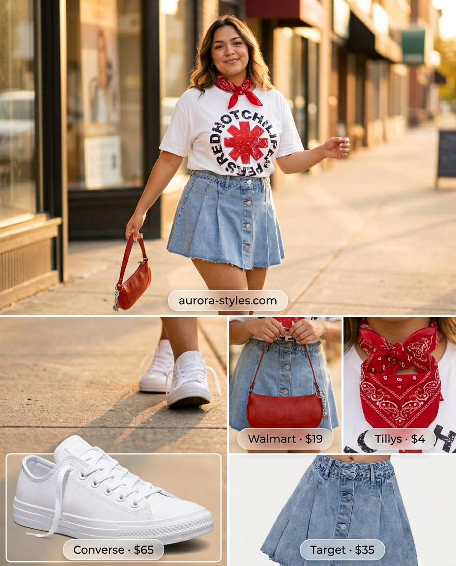 Summer crochet skirt outfit with denim mini skirt, white graphic tee, and red bandana. Casual errands style 2026.
