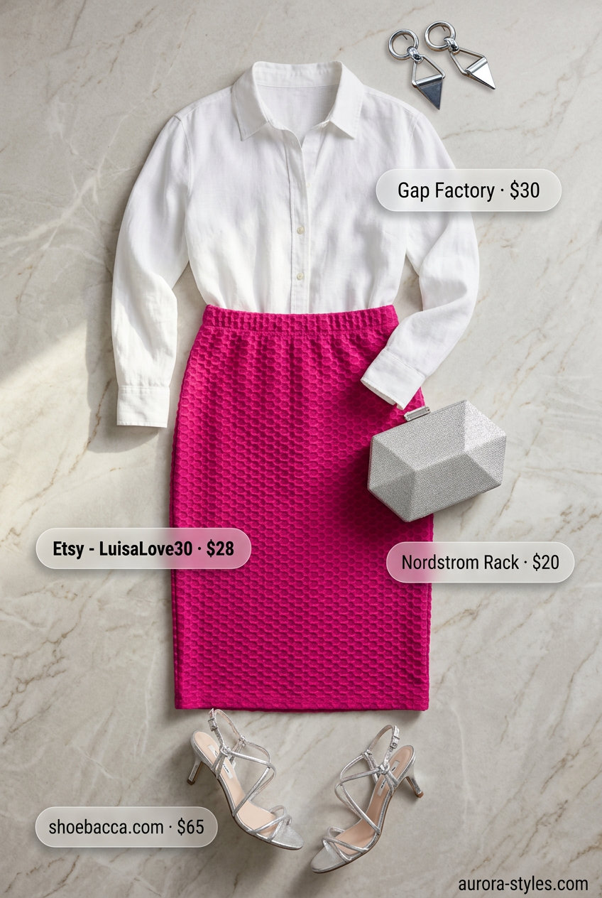 Bold summer crochet skirt outfit with fuchsia skirt, white oversized shirt, and silver accessories. Festive dinner style 2026.