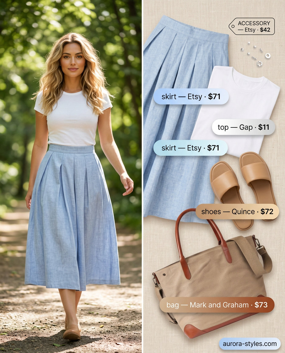 Summer crochet skirt outfits for women 2026: Pastel blue linen midi skirt, white tee, and tan slides for a fresh casual look.