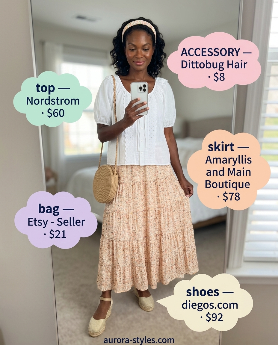 Summer crochet skirt outfits for women 2026: Floral tiered midi skirt, white peasant blouse, espadrilles, and straw bag for a garden party.