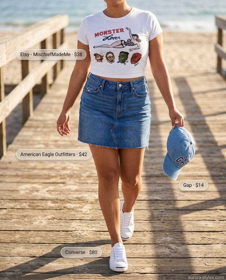 Summer crochet skirt outfits for women 2026: Denim mini skirt, graphic tee, sneakers, and baseball cap for a retro casual look.
