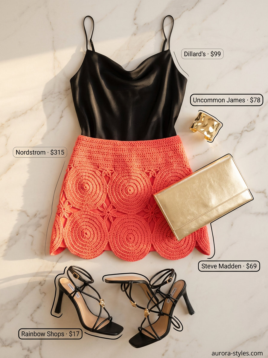 Summer crochet skirt outfits for women 2026: Coral crochet mini skirt, black satin cami, strappy heels, and metallic bag for a night out.