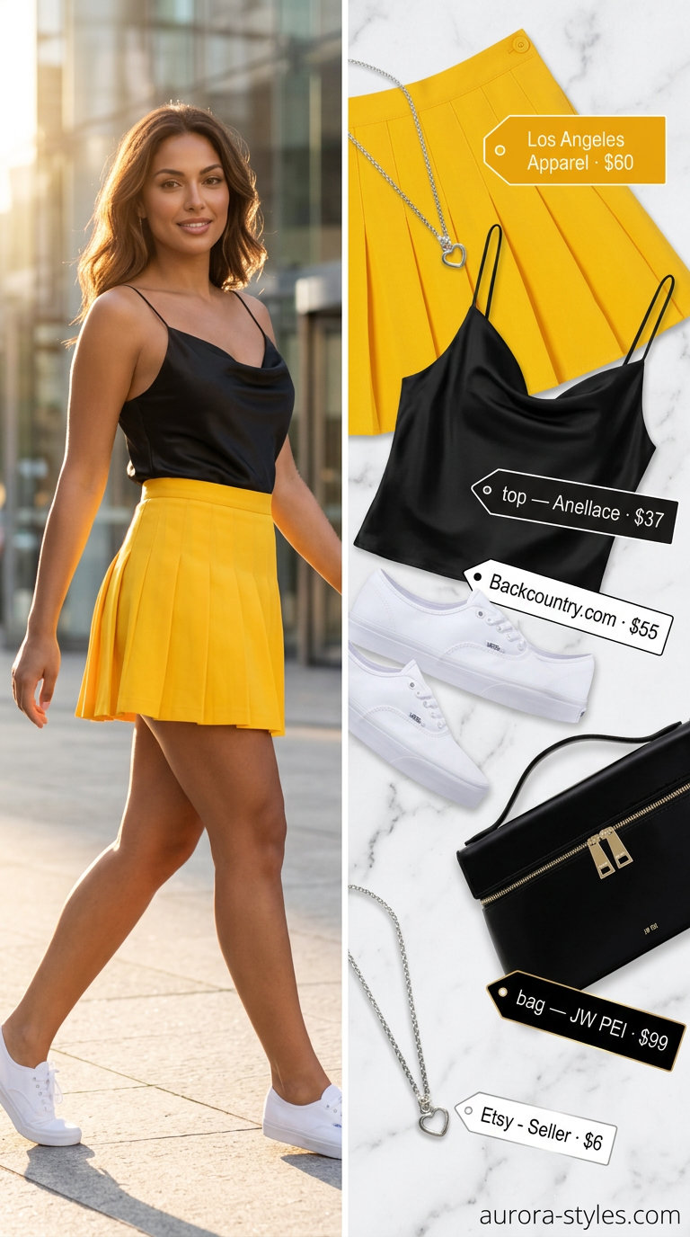 Chic summer crochet skirt outfit with yellow pleated skirt, black camisole, and white sneakers. Daytime date style 2026.