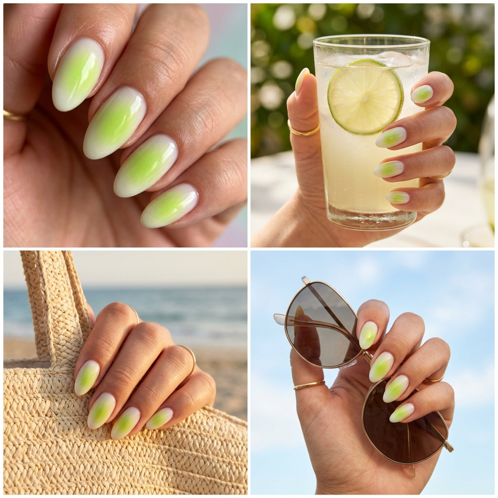Citrus Aura Lime Gradient summer dip nails 2026: lime green fading to white on tapered square nails.