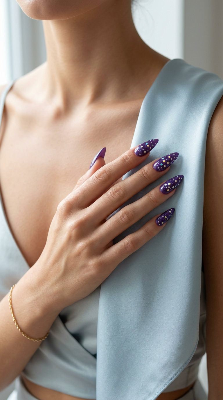 Cosmic Purple Holographic Dots summer dip nails 2026: deep purple with scattered holo dots on almond nails.