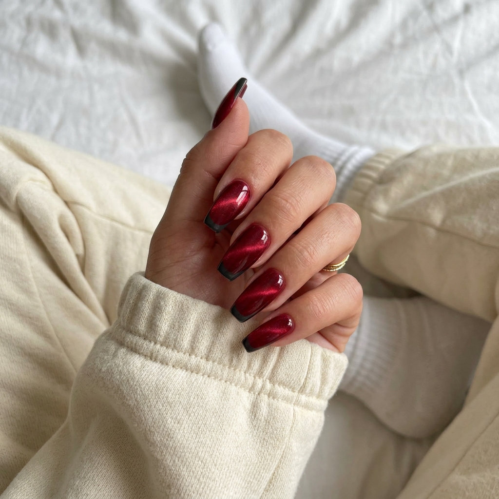 Crimson cat-eye reverse French coffin nails with charcoal tip. Summer dip nails 2026.