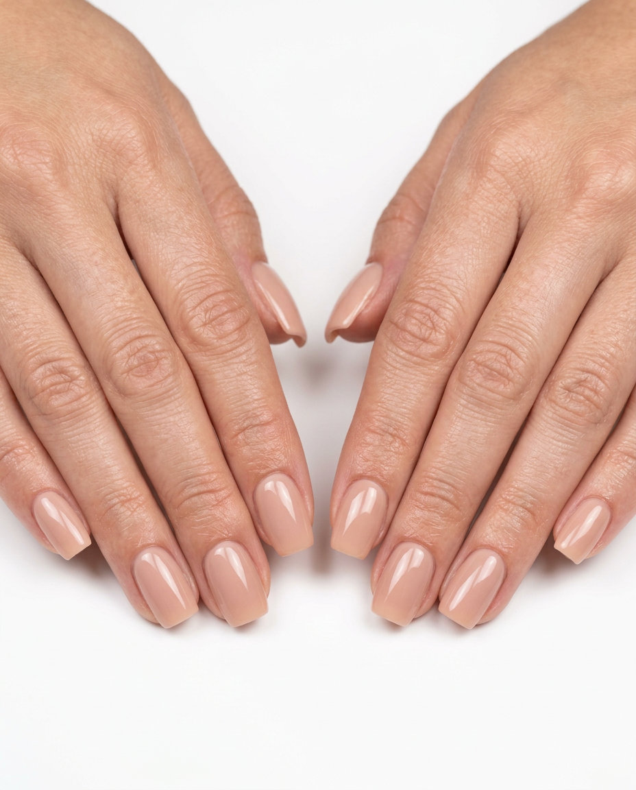 Durable nude builder overlay nails in natural shade for work and daily wear. Summer dip nails 2026.