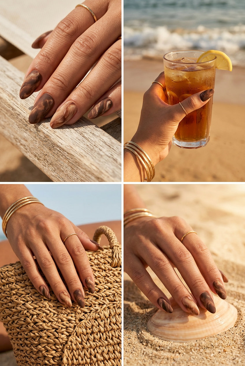 Earthy textured marble almond nails in browns and cream with matte finish. Summer dip nails 2026.