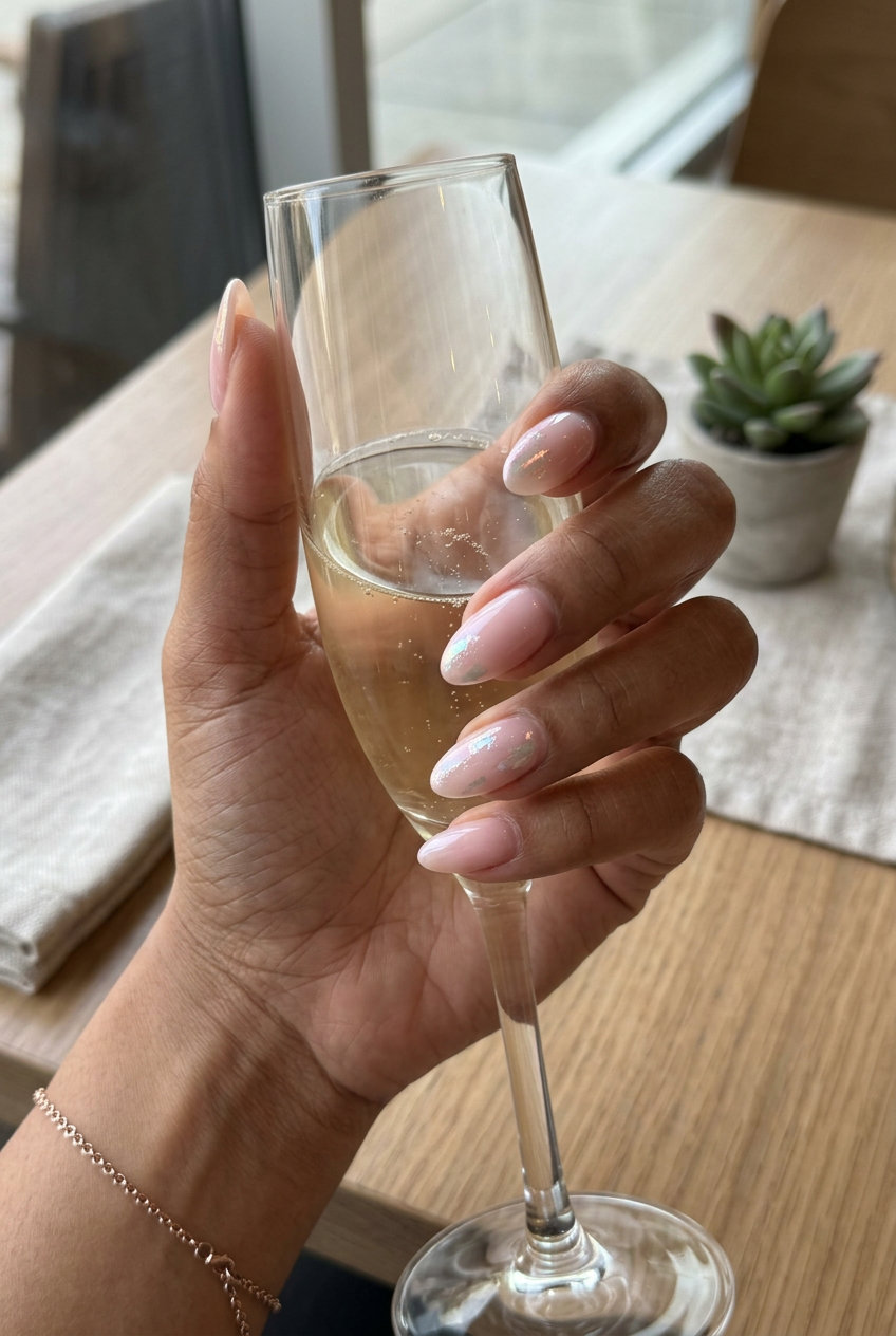 Ethereal Chrome Accent summer dip nails 2026: sheer pink with iridescent chrome on almond nails.