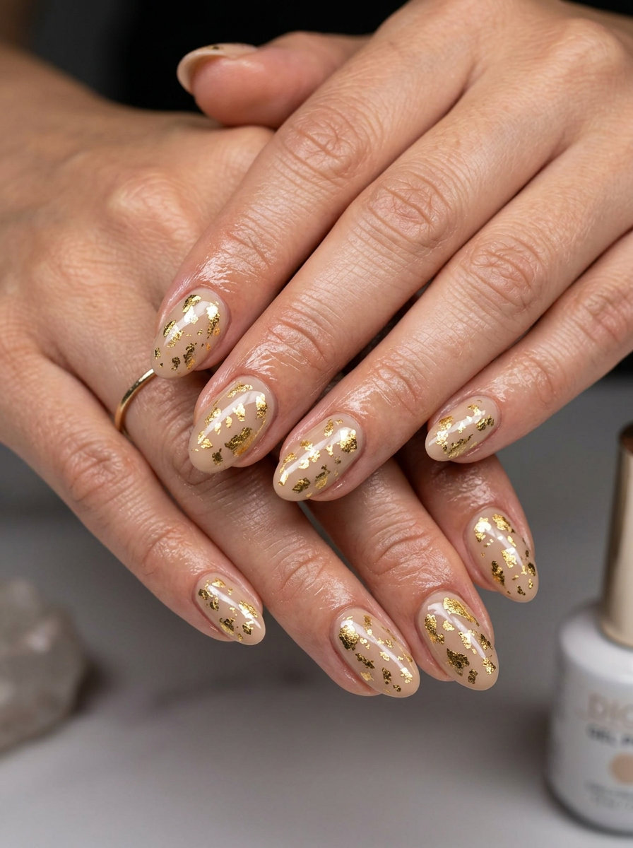 Gilded Summer Luxury Foil summer dip nails 2026: nude base with scattered gold foil on coffin nails.