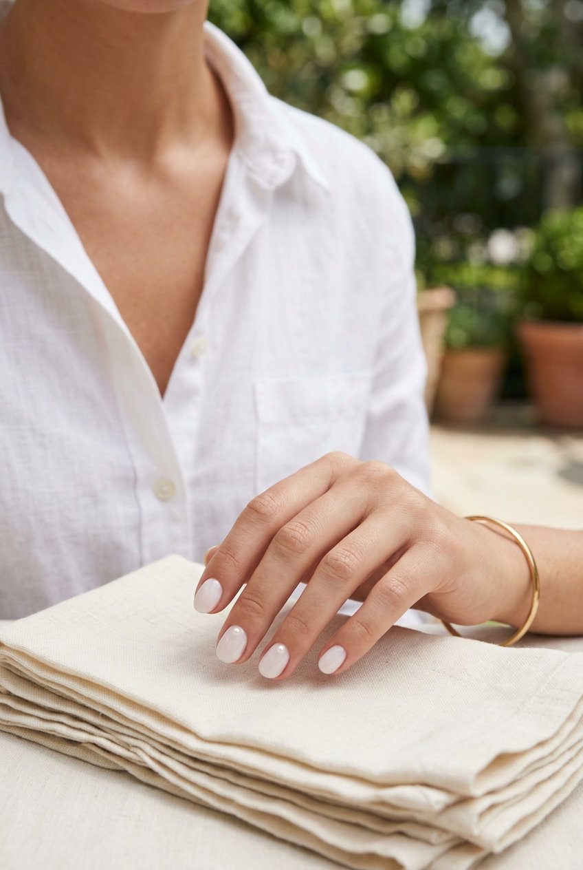 Milky Bath Pearl dip nails for summer 2026 weddings. Ethereal milky white with delicate pearl accents.