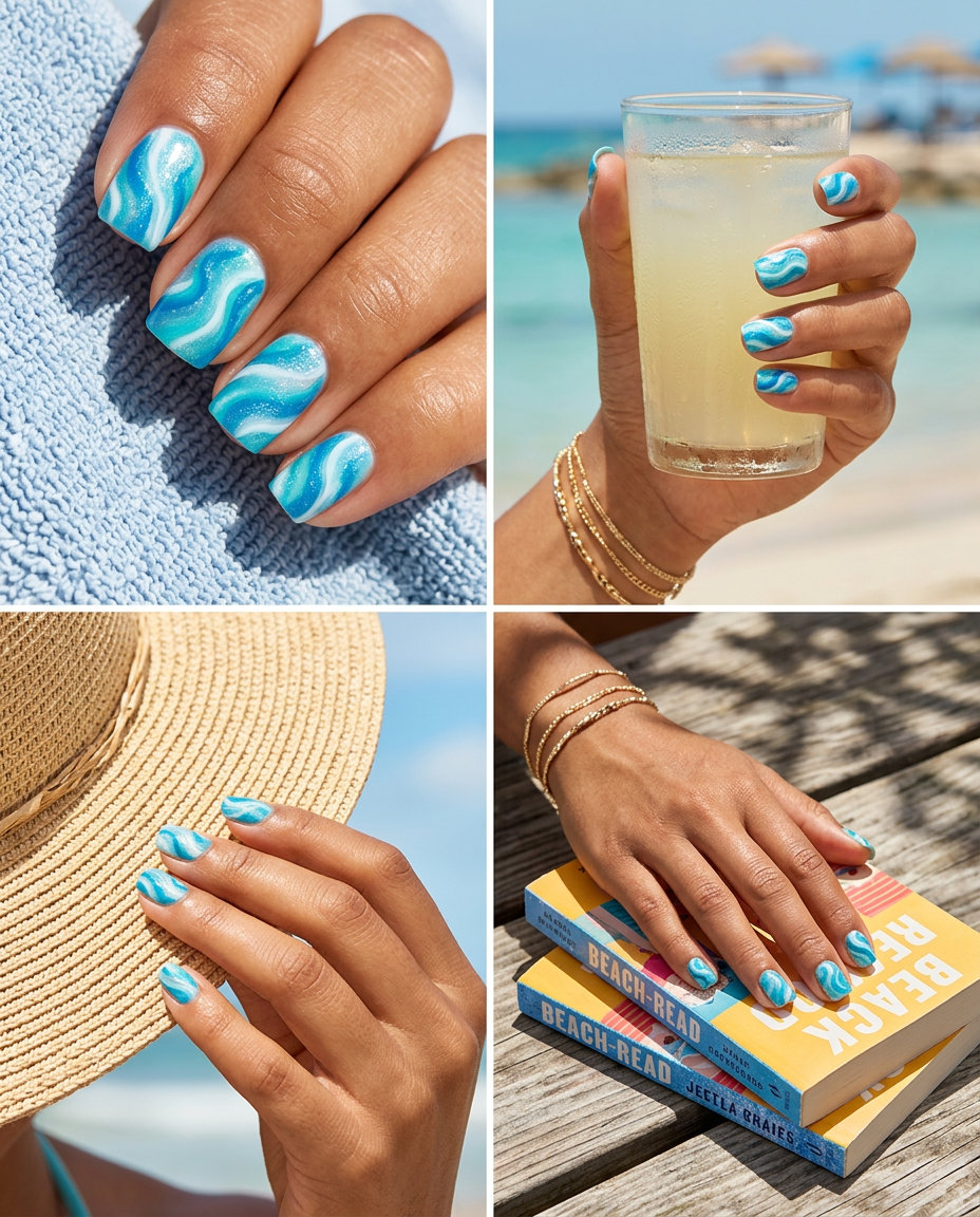 Oceanic Abstract Art summer dip nails 2026: blue, turquoise, white swirls with shimmer on short square nails.