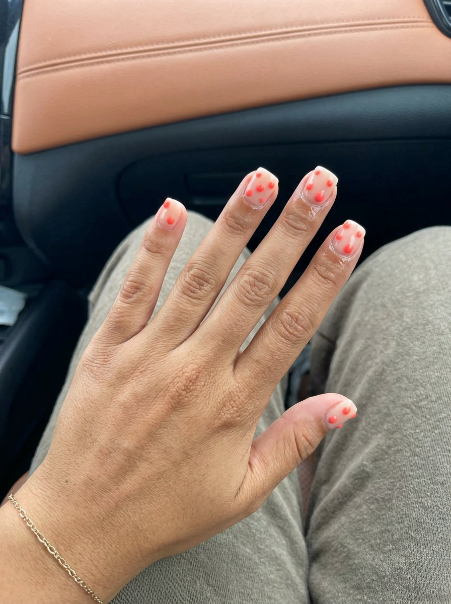 Summer texture dots nails in vivid coral on a natural base. Summer dip nails 2026.