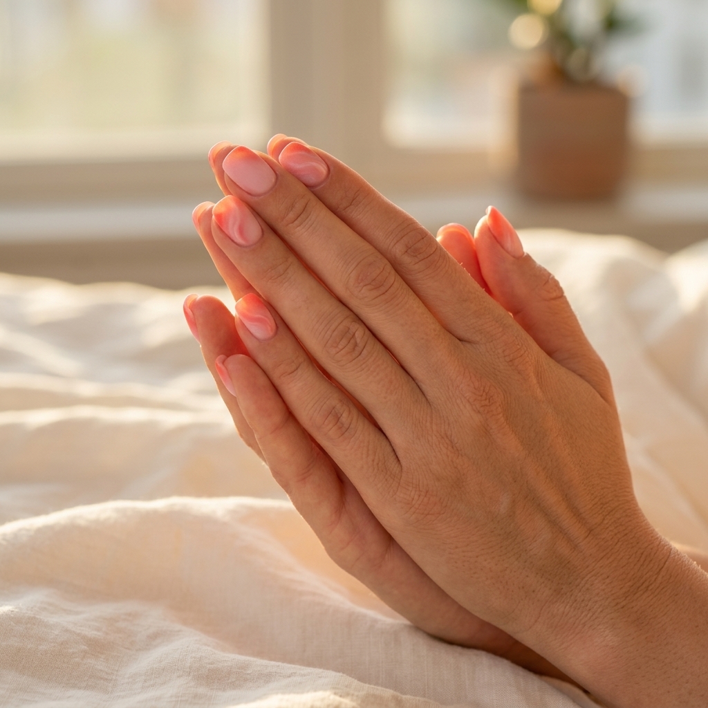 Sunset sheer ombre short square nails in milky pink to coral gradient. Summer dip nails 2026.