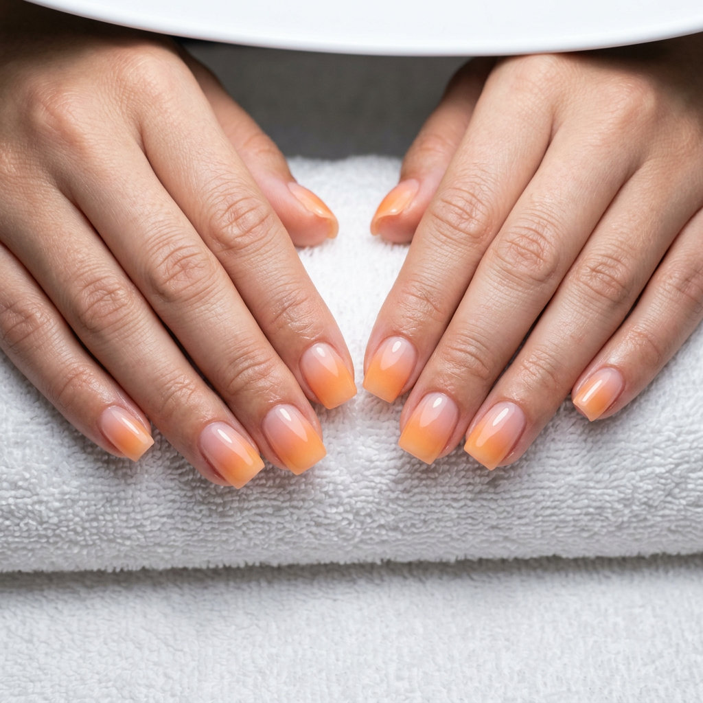 Sunset Sheer Ombre dip nails for summer 2026 vacations. Bohemian vibes with sheer orange and pink undertones.