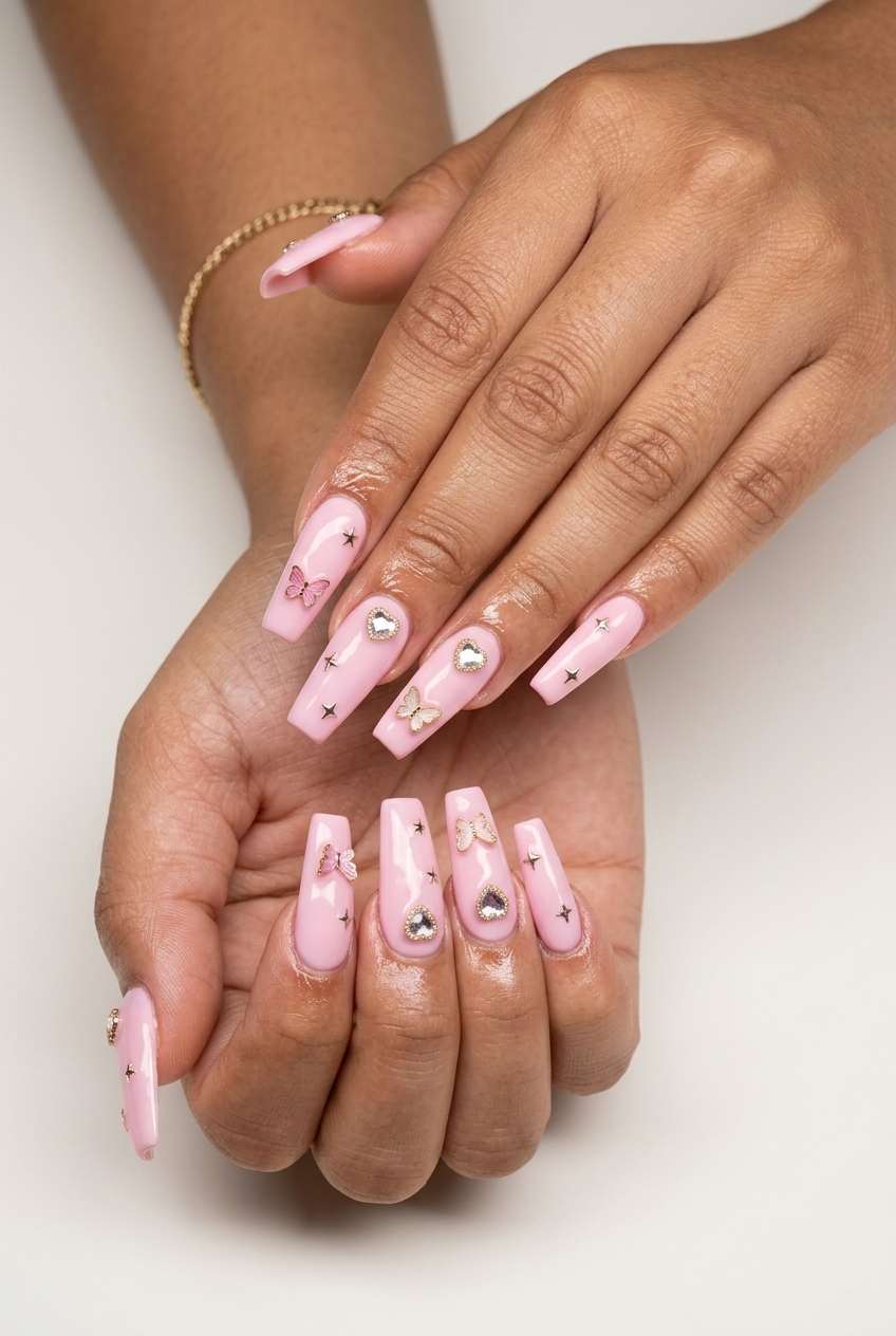 Y2K charm explosion coffin nails in pastel pink with 3D charms. Summer dip nails 2026.