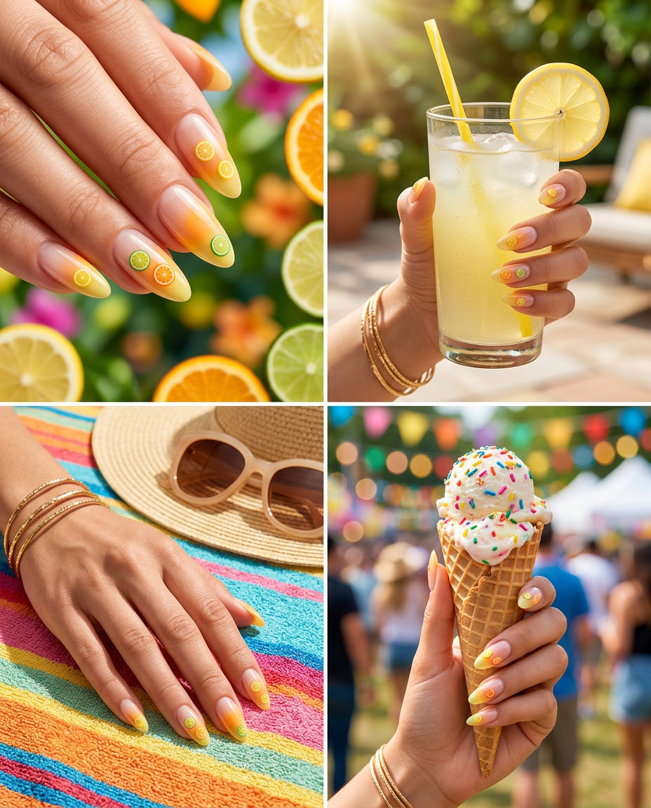 Playful jelly citrus aura nails with fruit slice decals, bright summer fruits nail art 2026.