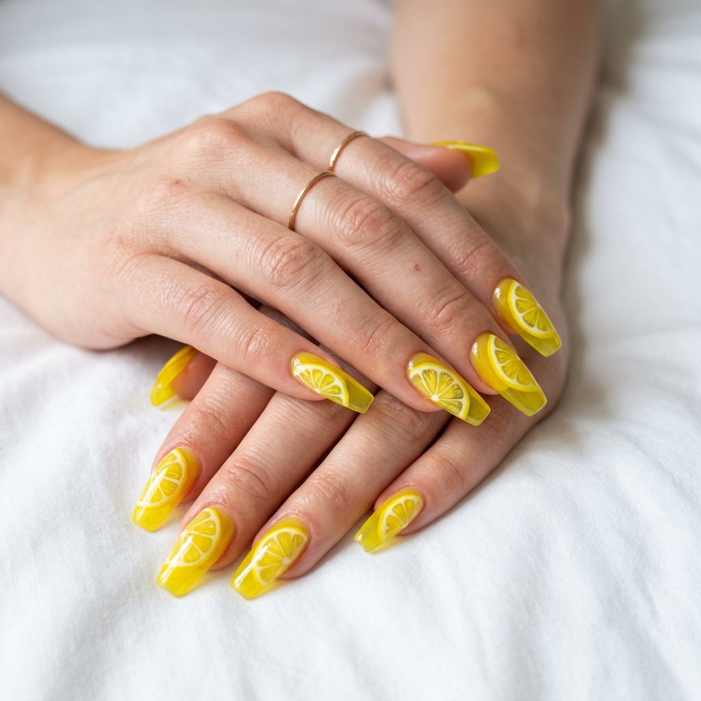 Jelly lemon slice almond glaze nails: sheer yellow jelly with realistic lemon slices. Bright summer fruits nail art 2026.