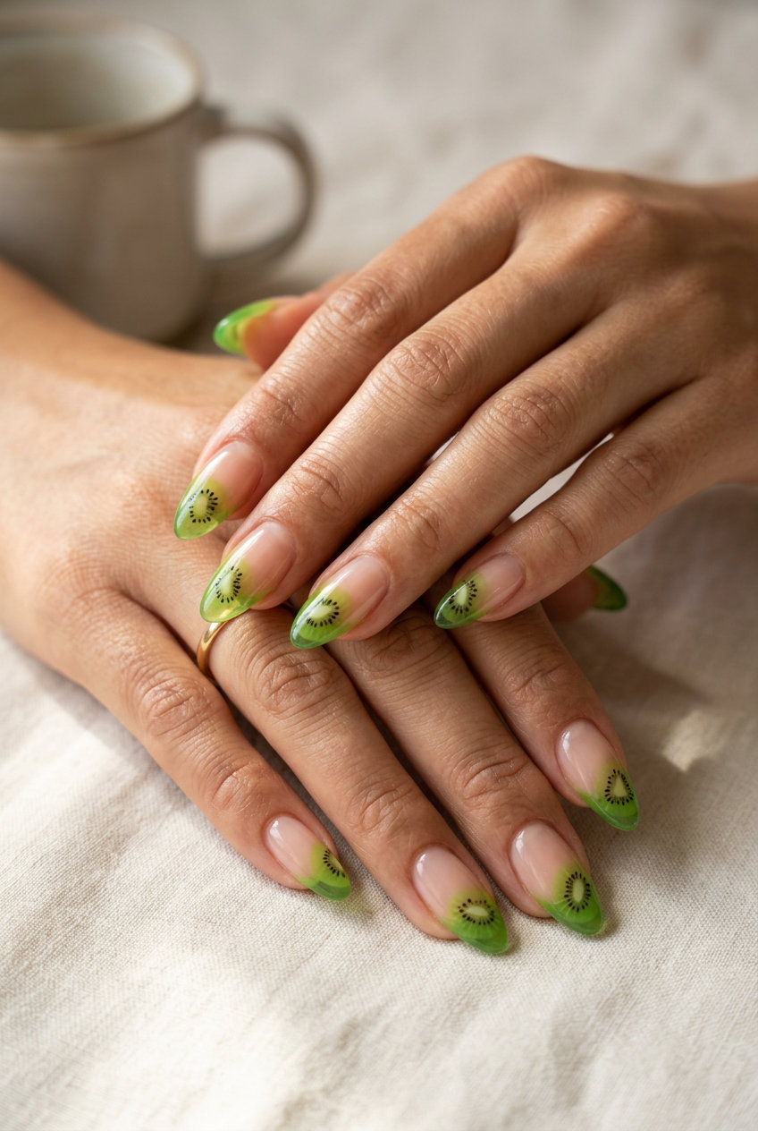 Whimsical kiwi slice jelly French tips, unique summer fruits nail art 2026 for vacation.
