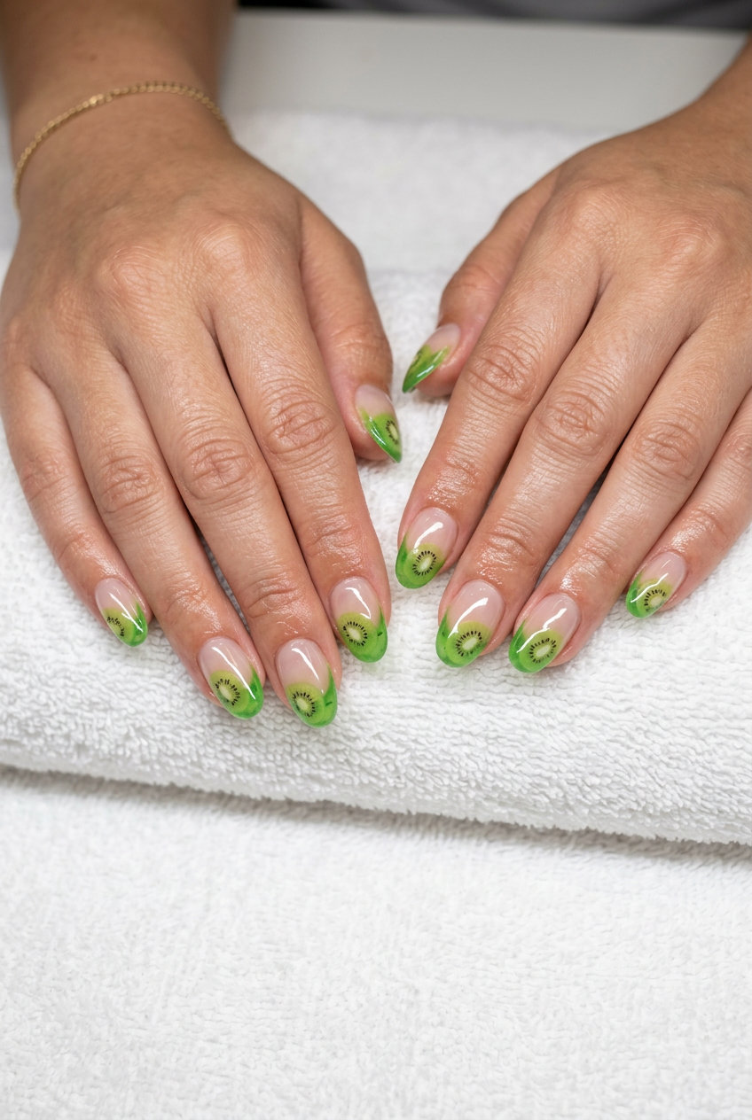 Kiwi slice jelly French tip nails: green jelly tips with realistic kiwi art. Whimsical summer fruits nail art 2026.