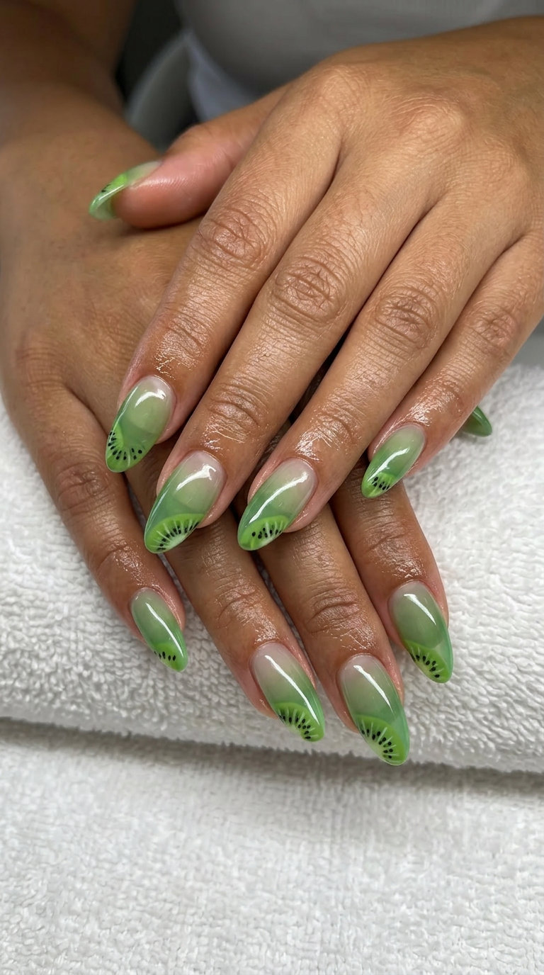 Minimalist kiwi slice accent nails with negative space, chic summer fruits nail art 2026.