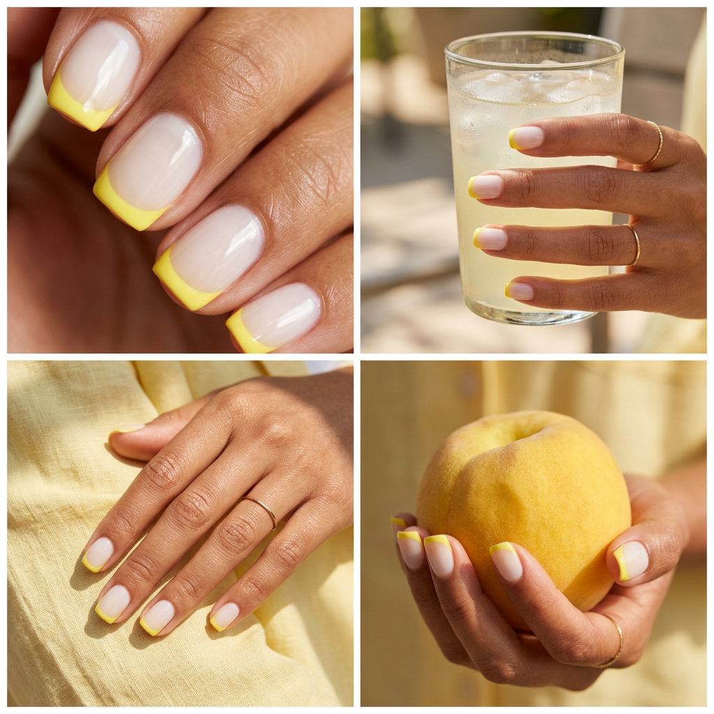 Lemon Drop Yellow French Tip nails for summer fruits nail art 2026. Clean, bright, and playful for daily wear.