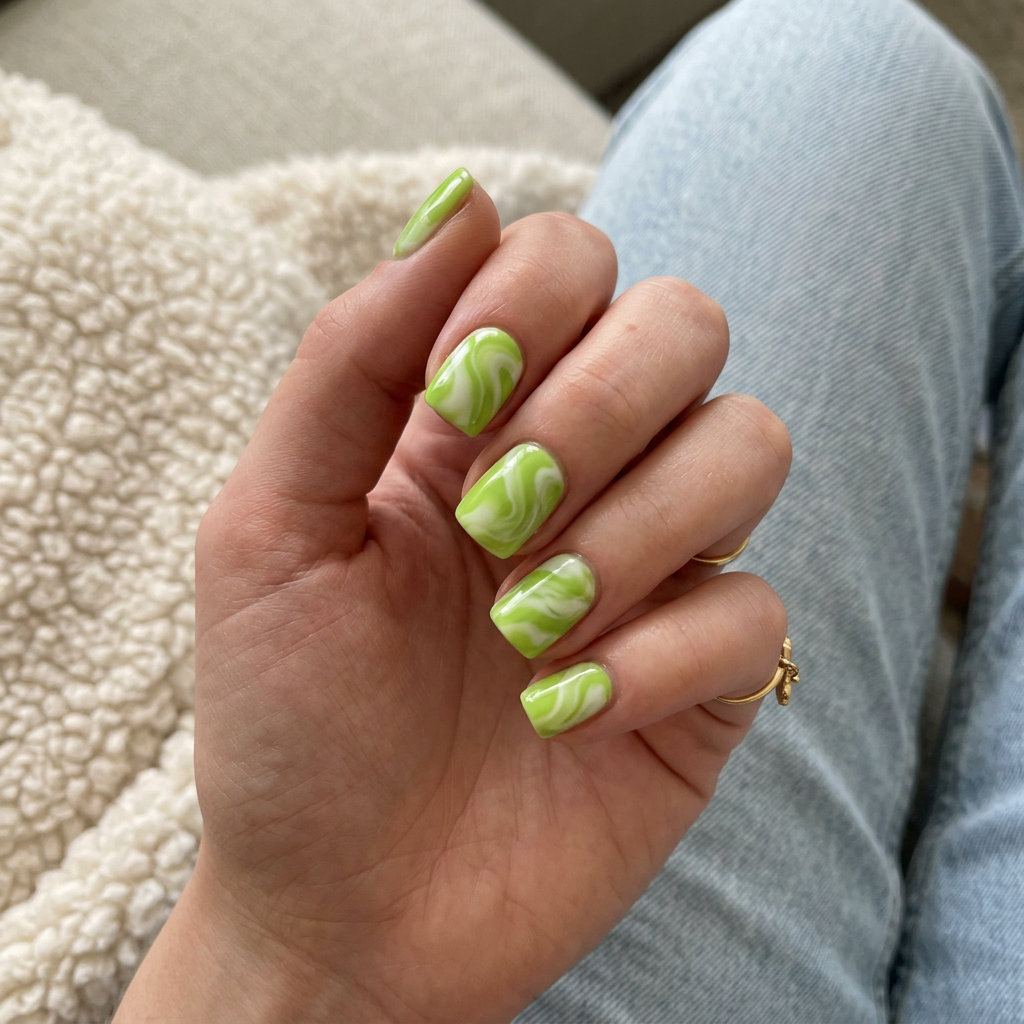 Playful lime and coconut swirl nails with shimmer. Summer fruits nail art 2026 for summer party.