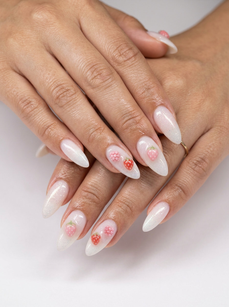 Mixed Berry Milk Bath Almond nails for summer fruits nail art 2026. Whimsical and romantic for weddings and dates.