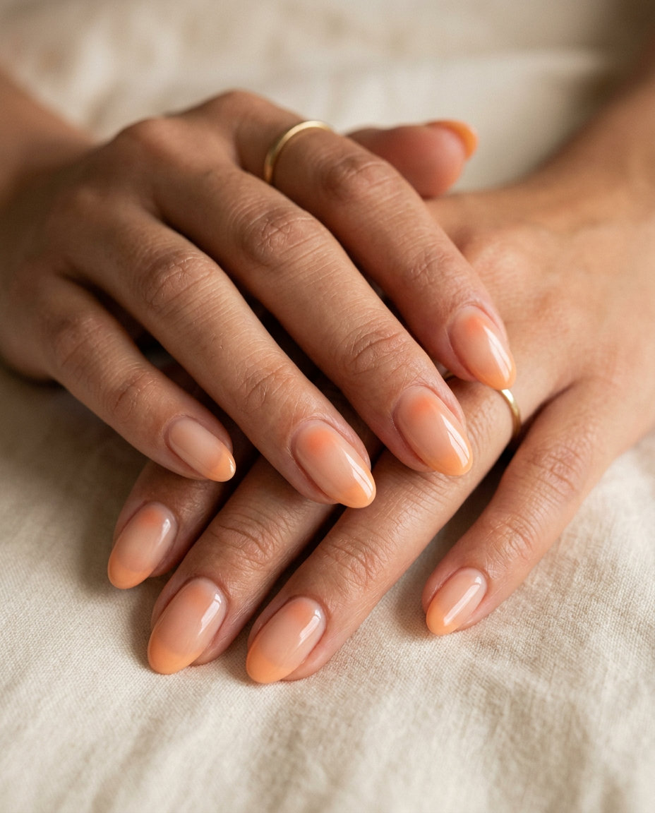 Warm peach orange aura ombre nails, sophisticated summer fruits nail art 2026 for date night.