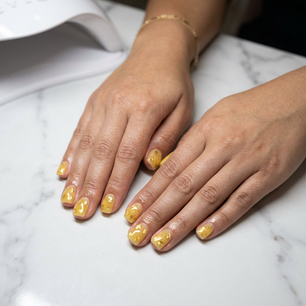 Pineapple chunk foil flakes on almond nails: sheer yellow with gold foil. Bohemian summer fruits nail art 2026.