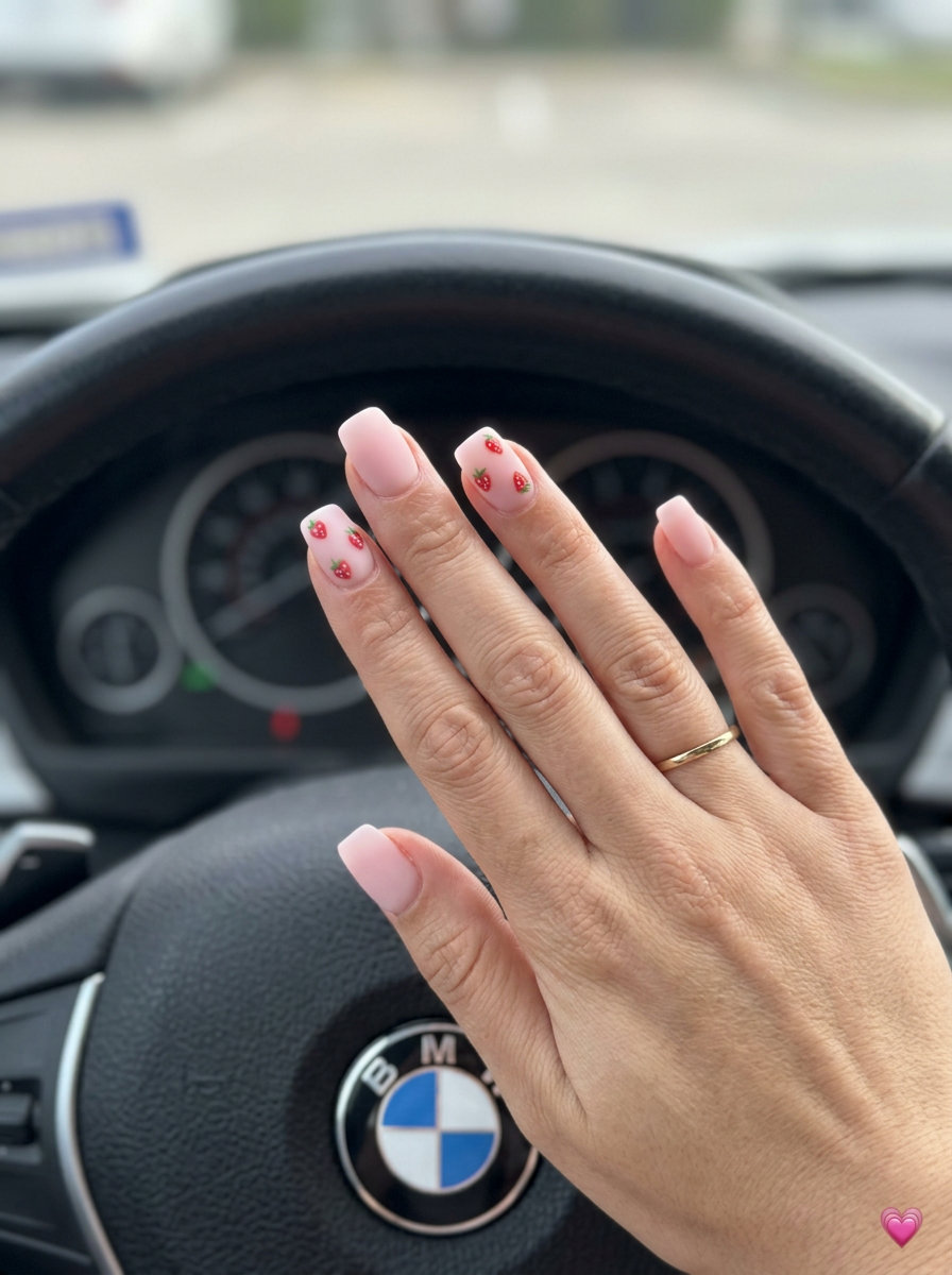 Strawberry milk bath short square nails: milky pink with micro strawberry accents and matte finish. Summer fruits nail art 2026.
