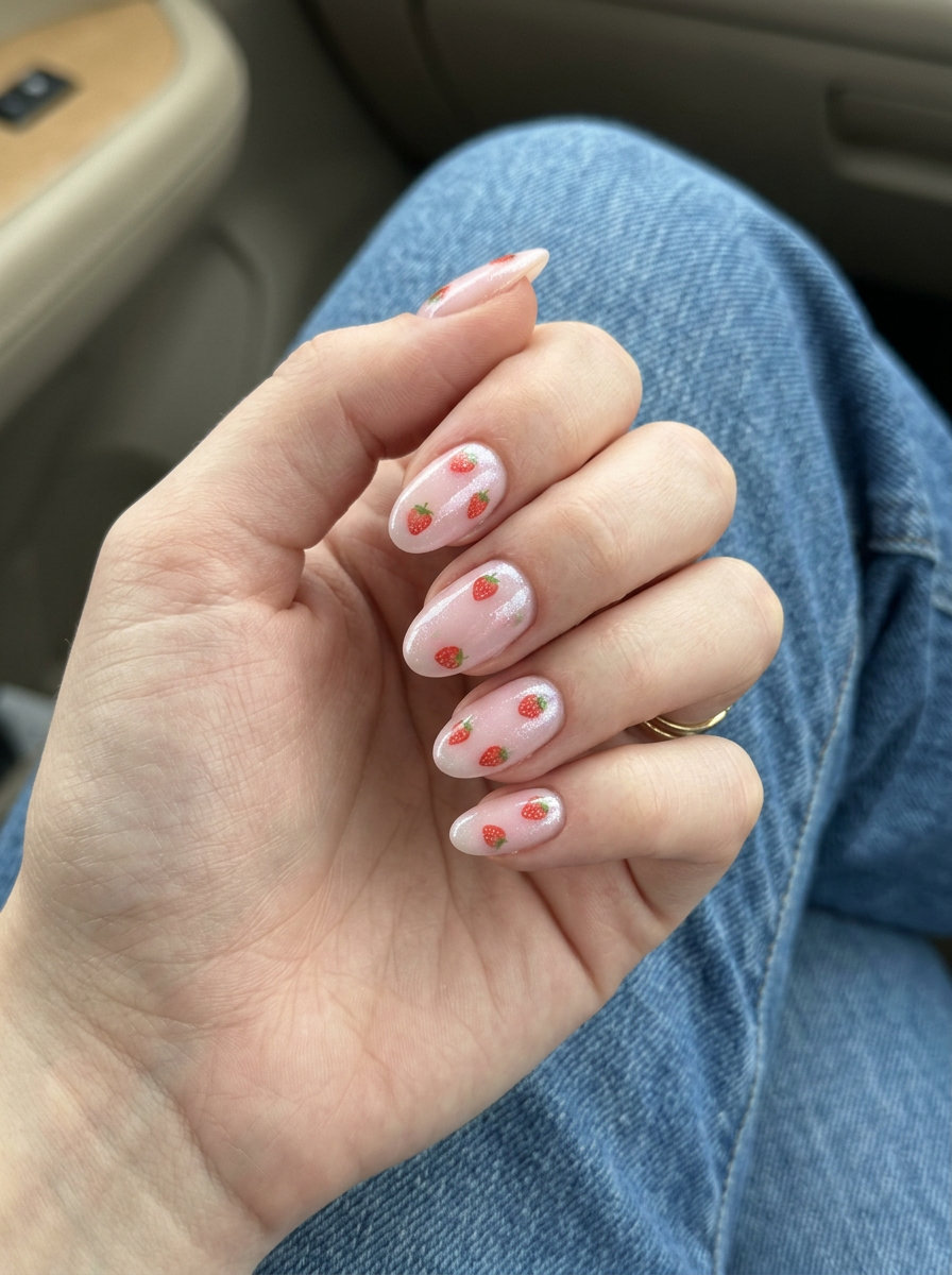 Romantic milky white jelly nails with strawberry decals, perfect for summer fruits nail art 2026.