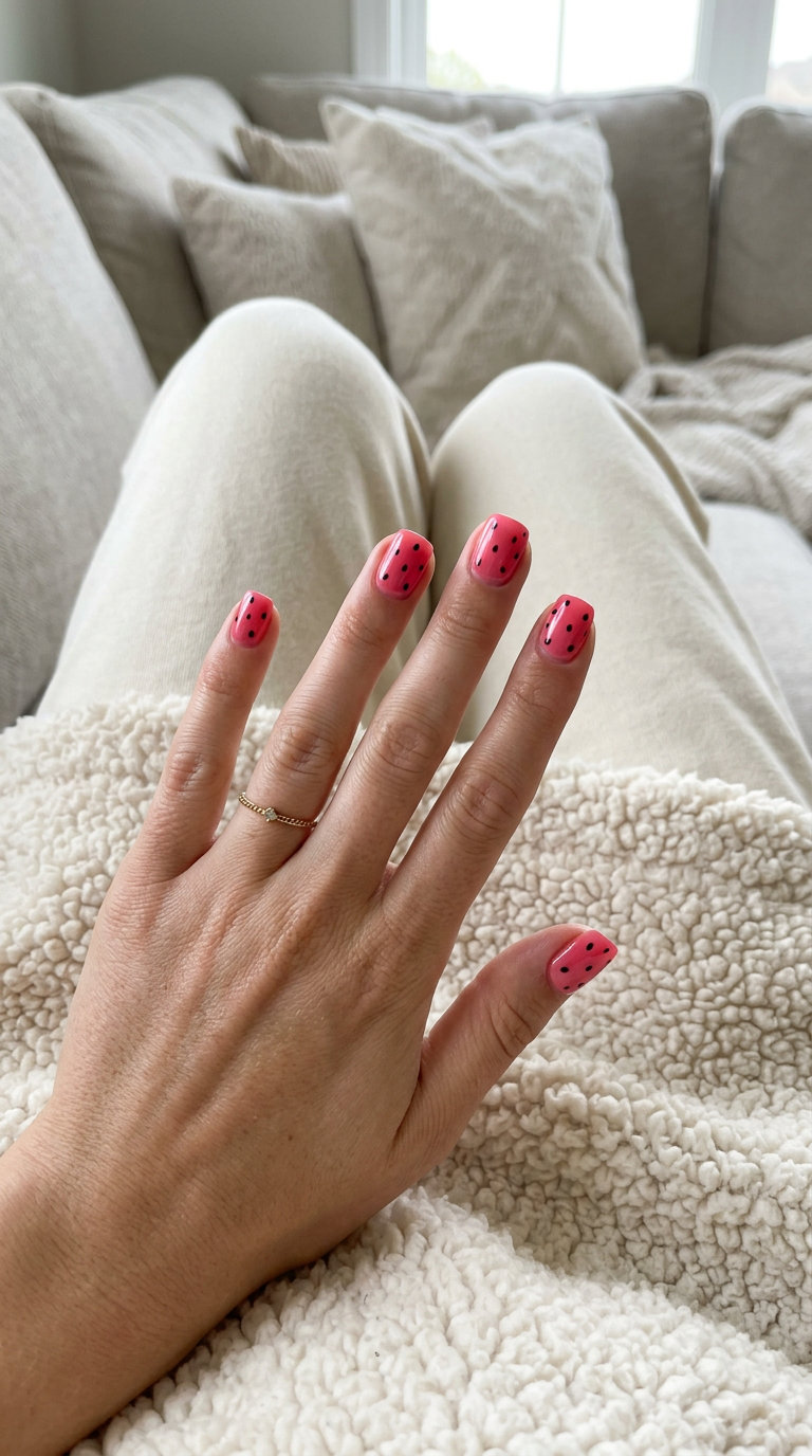 Playful watermelon pink nails with black seed dots, fun summer fruits nail art 2026.