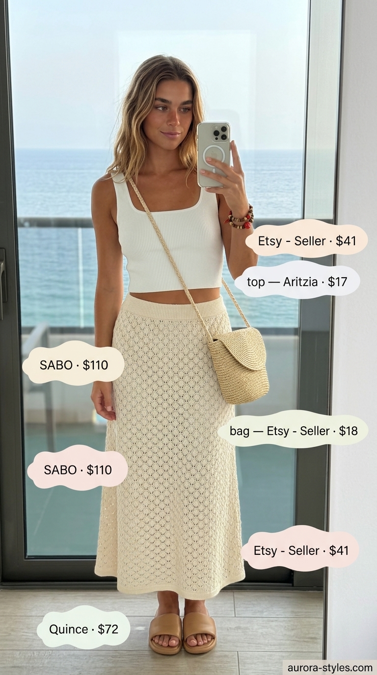 Summer Girls Trip Outfits 2026: Cream crochet maxi skirt, white crop top, and flat slides for beach cover-up.
