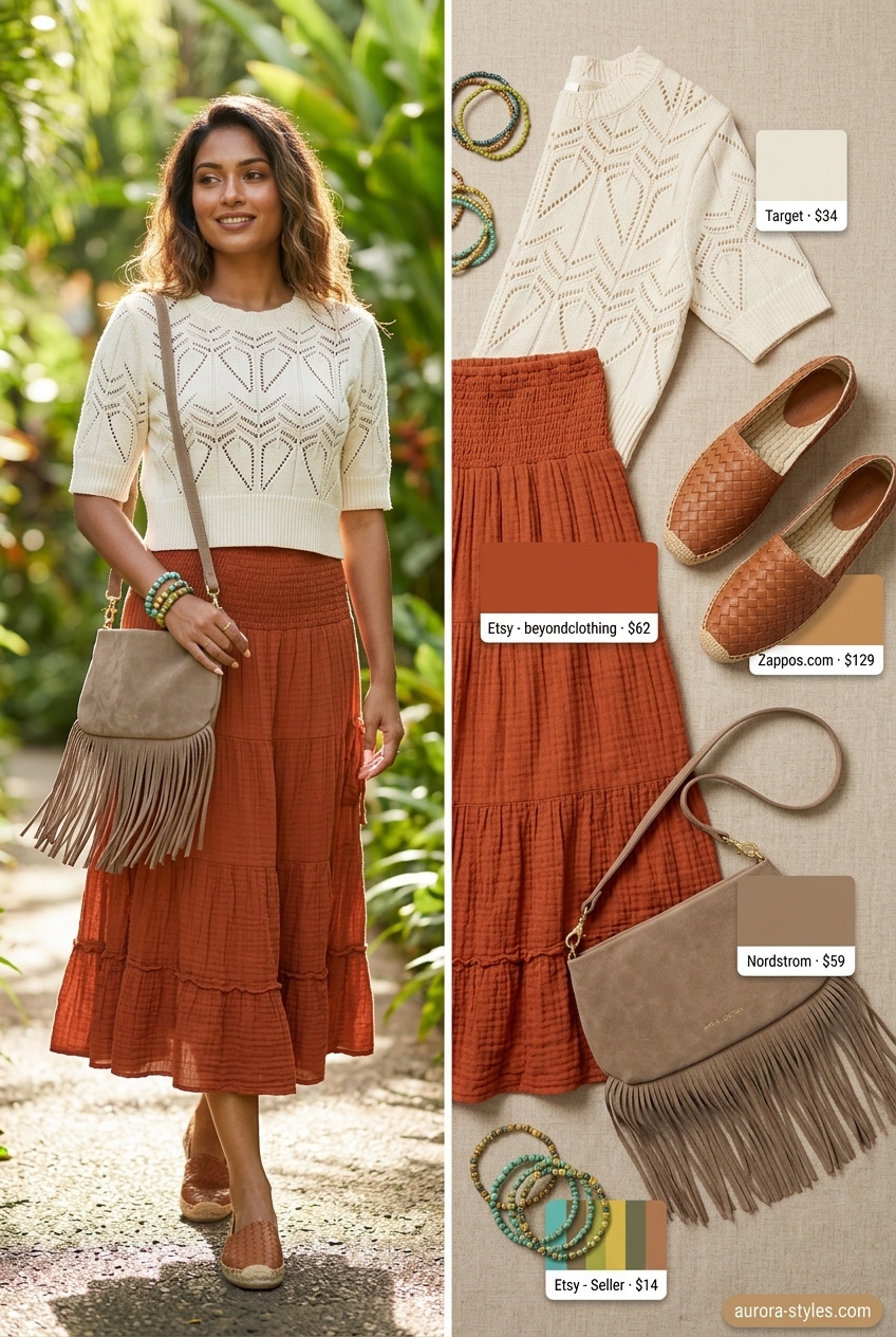 Summer Girls Trip Outfits 2026: Boho rust midi skirt, crochet crop top, and espadrille flats for beach.