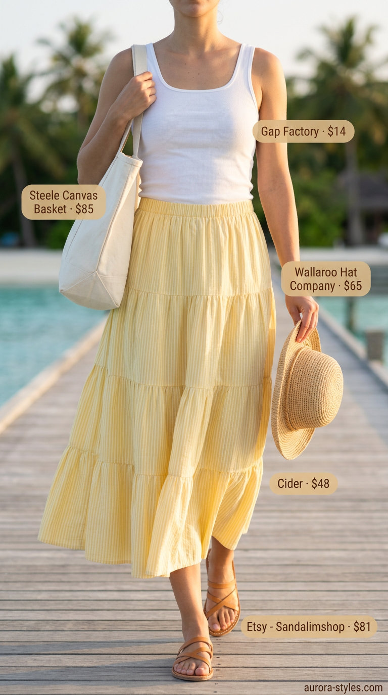 Summer Girls Trip Outfits for Women 2026: Vibrant maxi skirt for beach days, poolside, or casual summer outings.